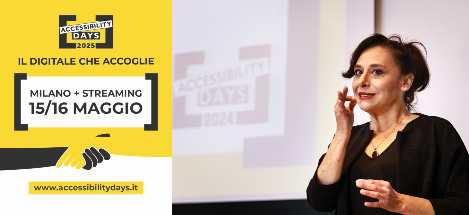 Interprete LIS durante conferenza su accessibilità digitale – Accessibility Days 2025
