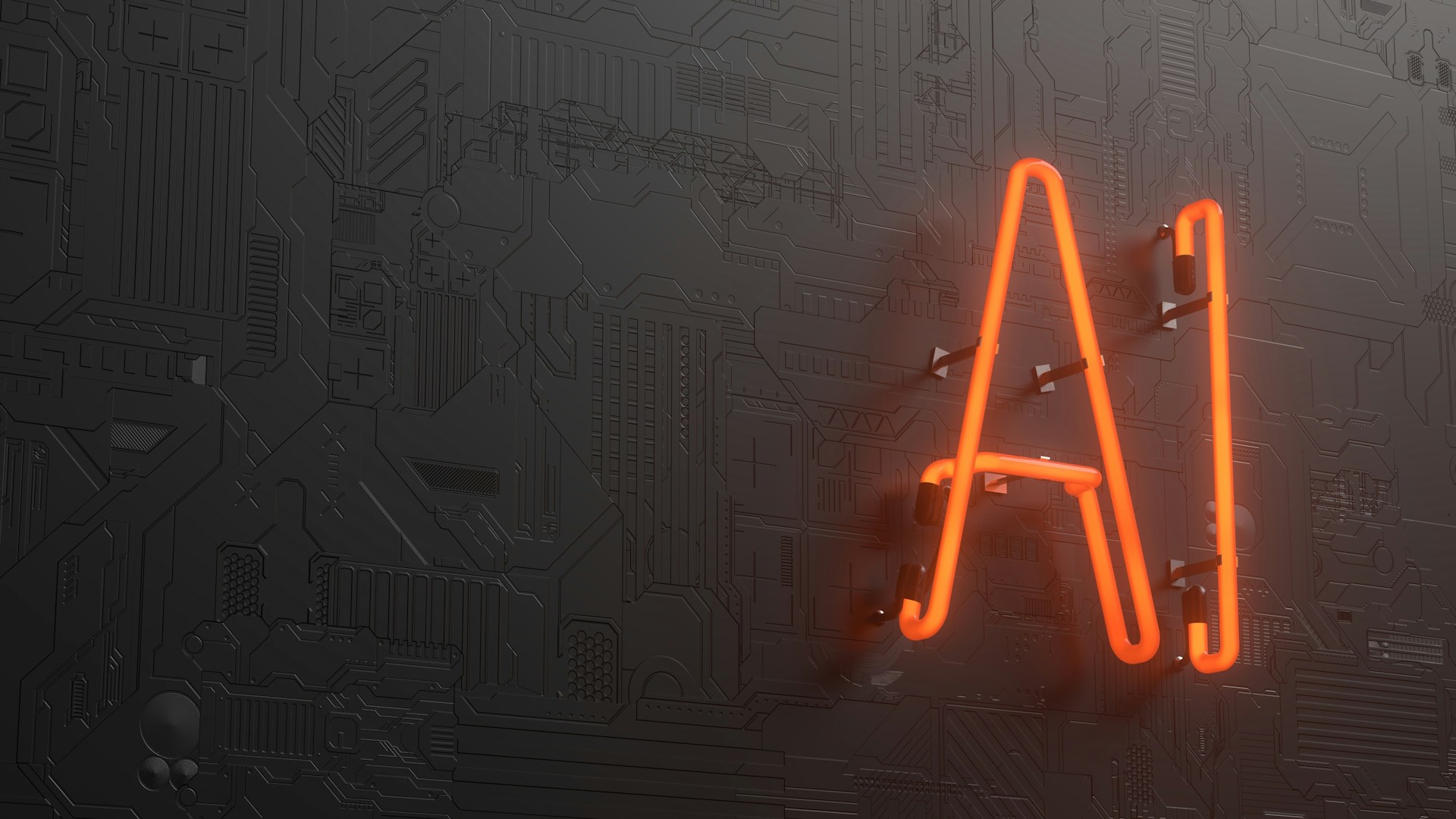 Insegna al neon arancione con la scritta "AI" su una parete scura decorata come un circuito stampato.