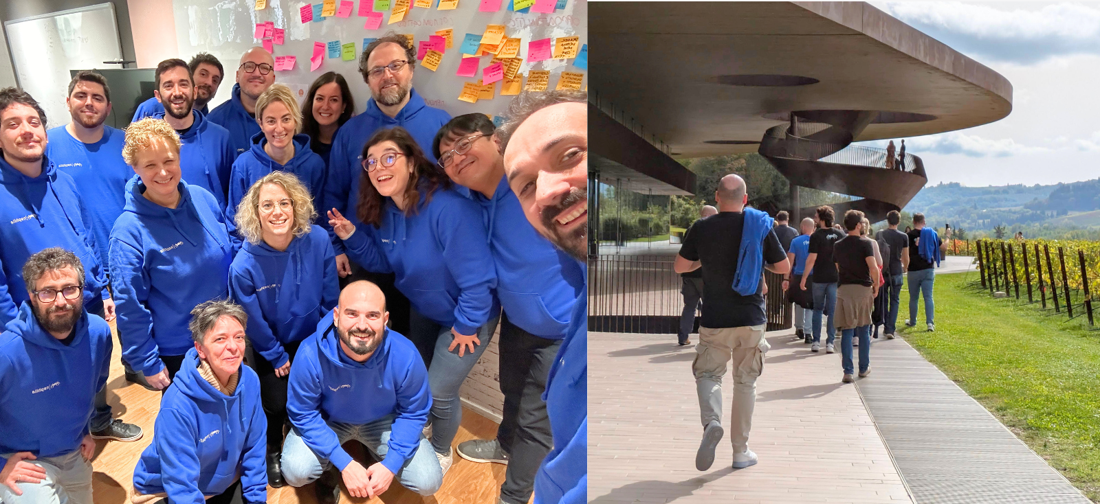 Il team aziendale riunito in gruppo durante il retreat, con post-it colorati sullo sfondo e attività all’aperto tra le colline.