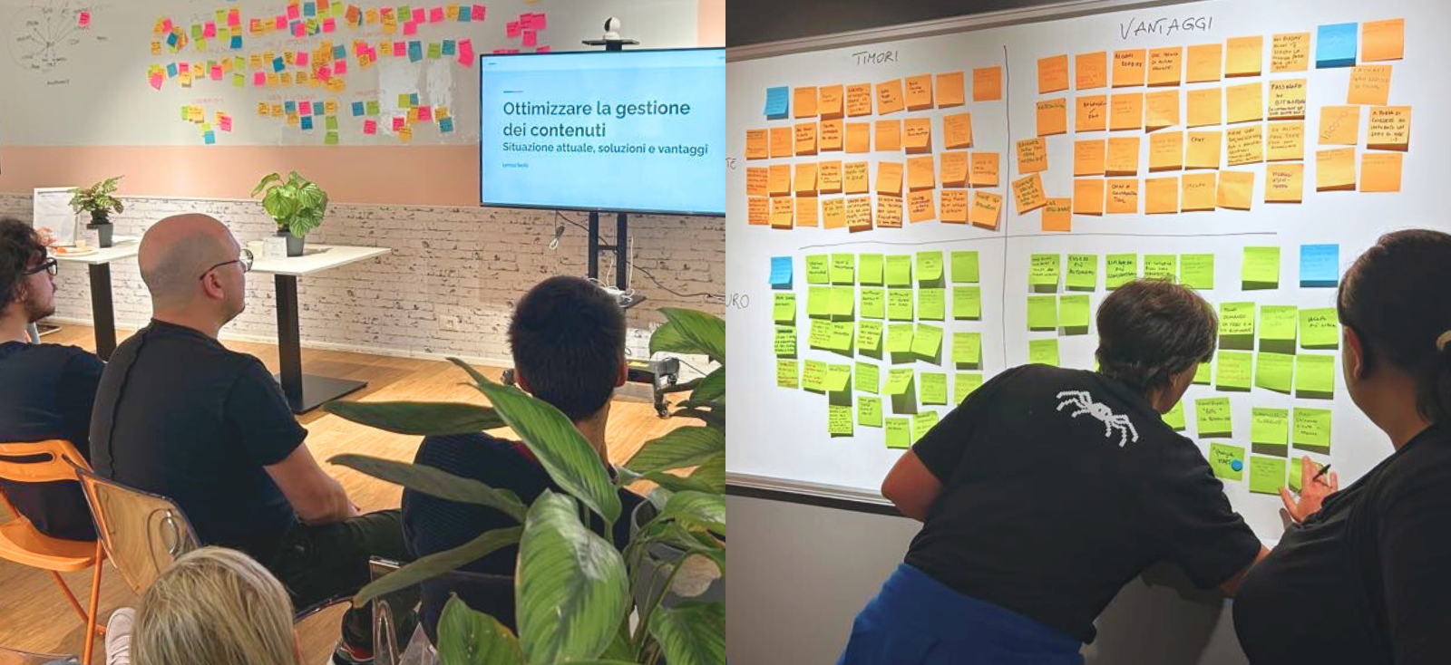 Il team Nephila in una sessione di lavoro e facilitazione su come ottimizzare i contenuti per la crescita organizzativa e l'innovazione.