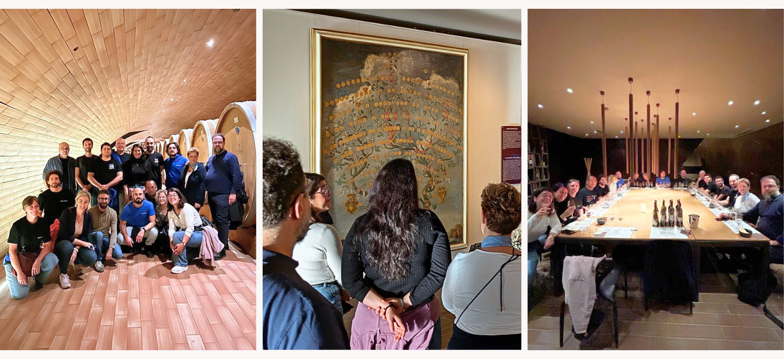 Collage di immagini: il team Nephila in visita alle Cantine Antinori durante il retreat aziendale, con una foto di gruppo in cantina e un momento di degustazione vino, promuovendo il team building e la cultura aziendale.