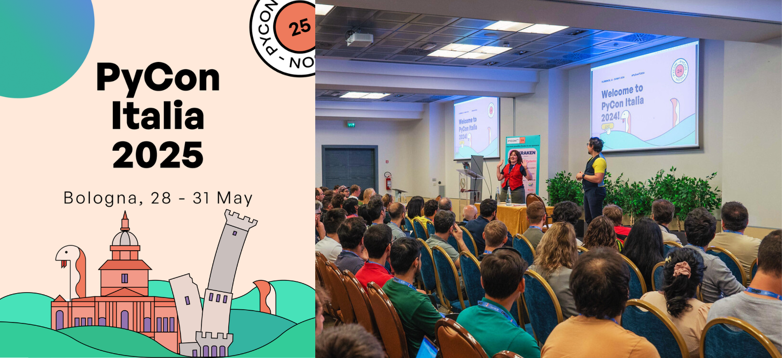 Grafica ufficiale PyCon Italia 2025, colori pastello sui toni dell’arancione, accessibili e forme dinamiche (un cerchio sfumato di verde) come invito a Bologna dal 28 al 31 maggio. La grafica stile cartoon include un serpente che sbuca tra le Due Torri (Asinelli e Garisenda), Piazza e la Basilica di San Petronio.