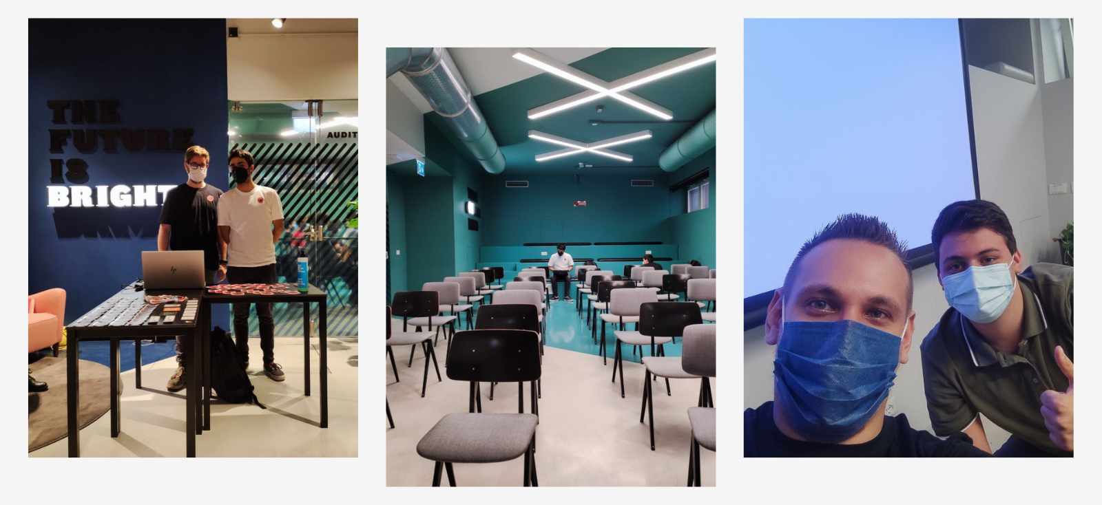Un collage di tre foto scattate durante l'Open Source Day del 2021 che ritraggono la location dell'evento e il team organizzativo in fase di accoglienza dei partecipanti.