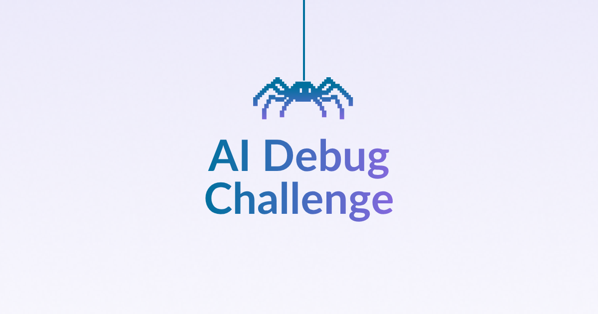 Immagine di copertina per la "AI Debug Challenge" con un ragno pixel art blu appeso a un filo, su sfondo sfumato bianco e viola.
