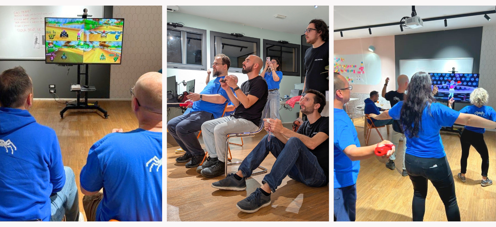 Collage di immagini: Momenti di svago e team building durante la serata videogiochi del retreat aziendale 2024.