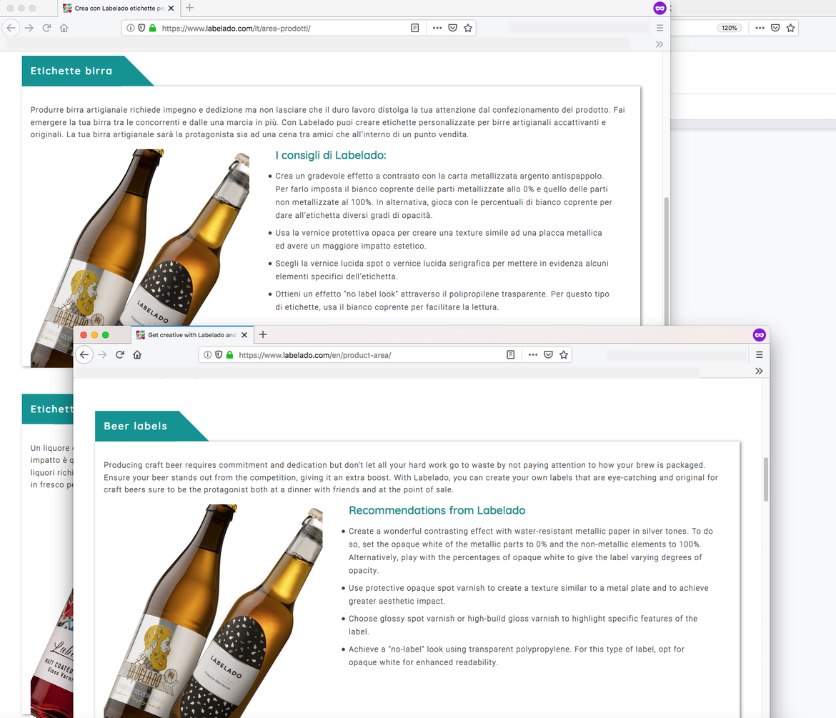 Un collage di schermate della sezione prodotti del sito di Labelado.