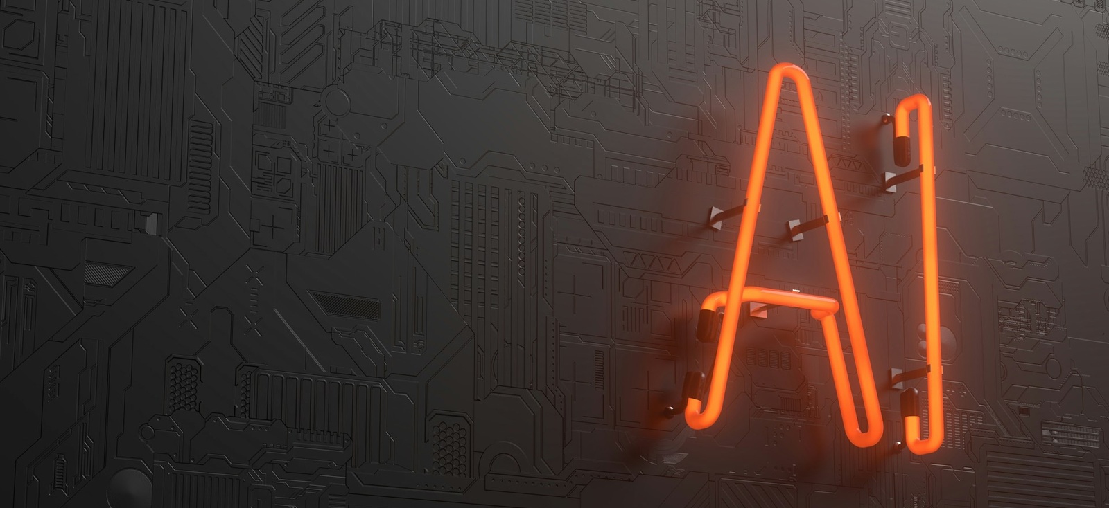 Insegna al neon arancione con la scritta "AI" su una parete scura decorata come un circuito stampato.
