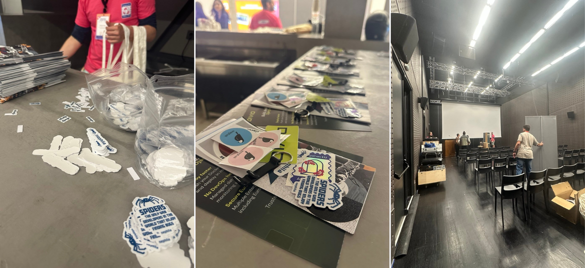 Allestimento di DjangoCon Europe 2026: sticker e sala conferenze.
