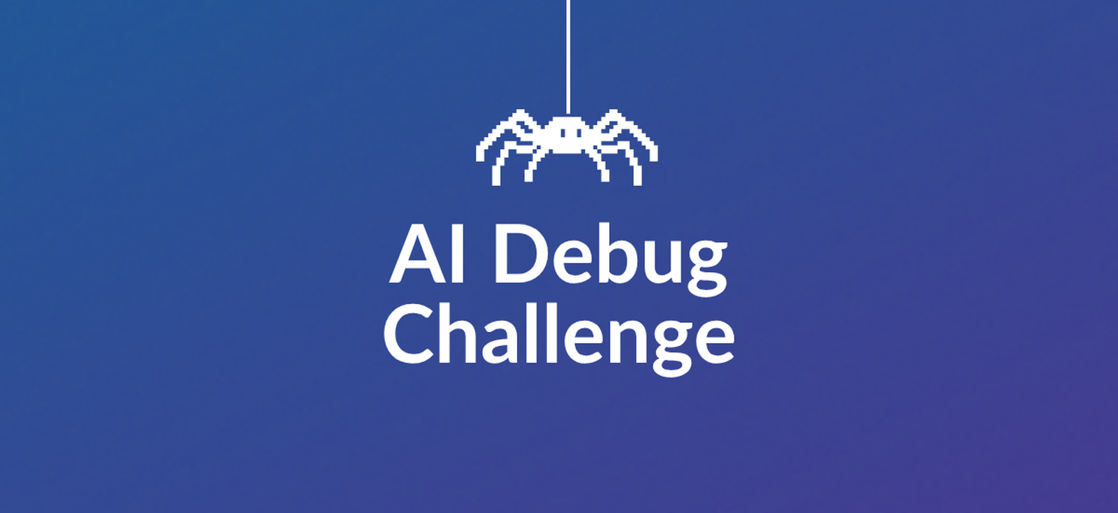 Immagine di copertina per la "AI Debug Challenge" con un ragno pixel art bianco appeso a un filo, su sfondo sfumato blu scuro e viola.