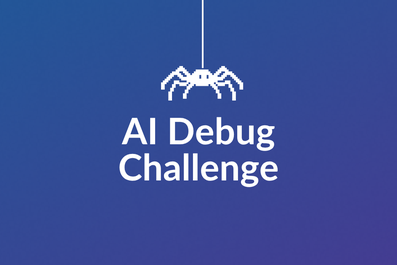 Immagine di copertina per la "AI Debug Challenge" con un ragno pixel art bianco appeso a un filo, su sfondo sfumato blu scuro e viola.