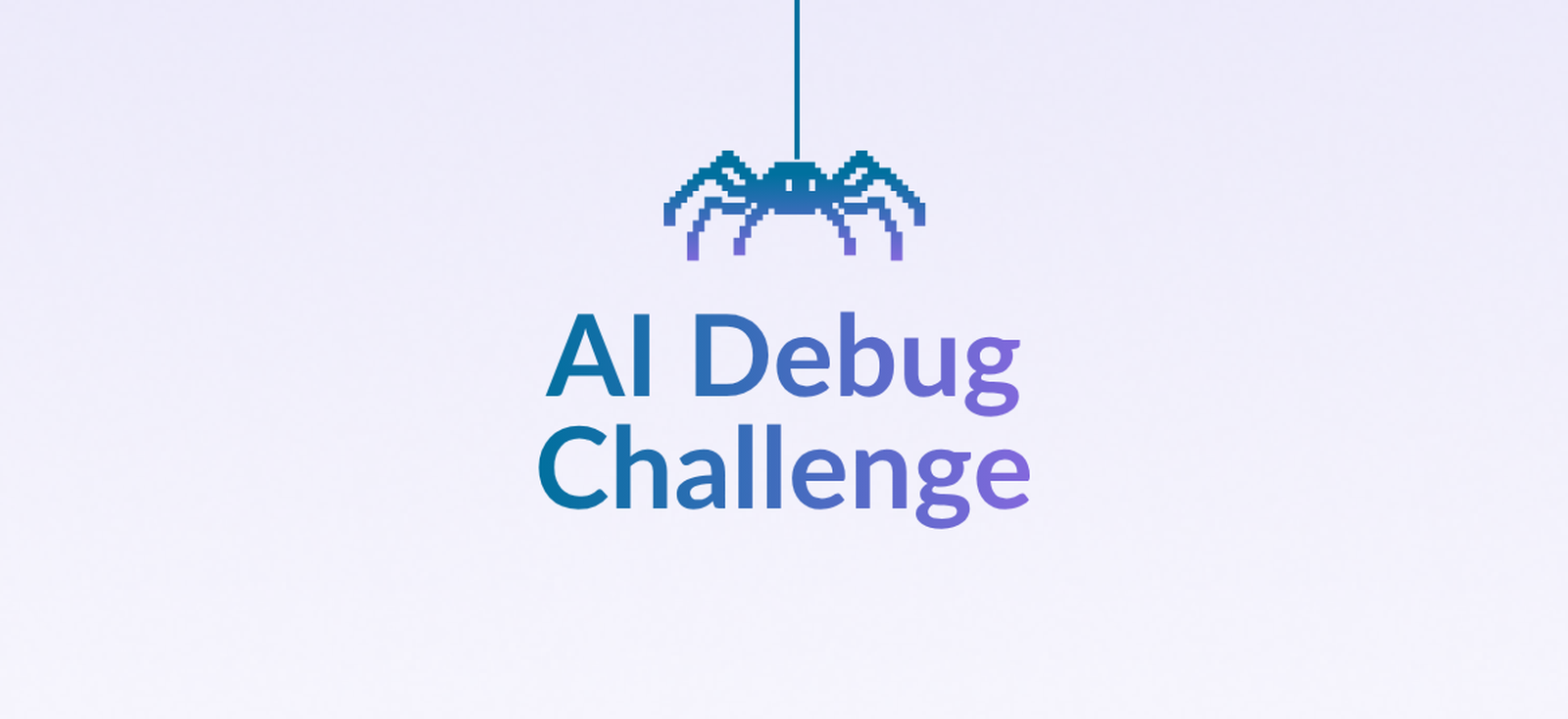 Immagine di copertina per la "AI Debug Challenge" con un ragno pixel art blu appeso a un filo, su sfondo sfumato bianco e viola.