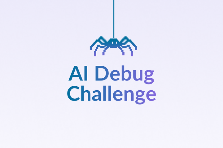 Immagine di copertina per la "AI Debug Challenge" con un ragno pixel art blu appeso a un filo, su sfondo sfumato bianco e viola.