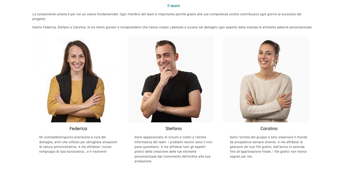 La pagina Chi siamo di Labelado con ritratti e descrizioni dei tre fondatori.
