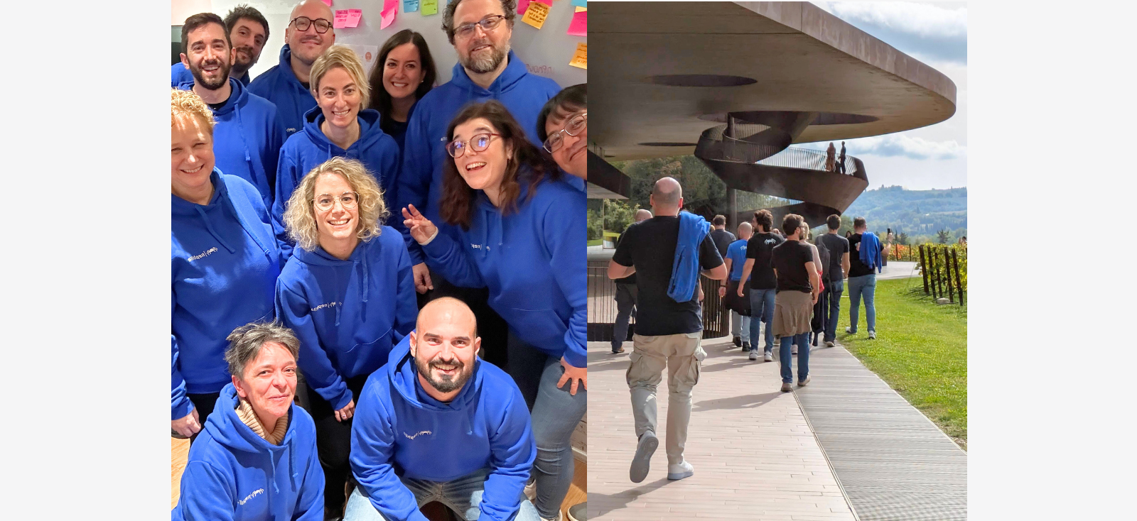 Il team aziendale riunito in gruppo durante il retreat, con post-it colorati sullo sfondo e attività all’aperto tra le colline.