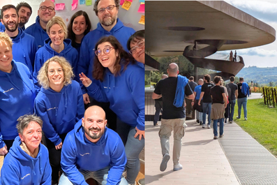 Il team aziendale riunito in gruppo durante il retreat, con post-it colorati sullo sfondo e attività all’aperto tra le colline.